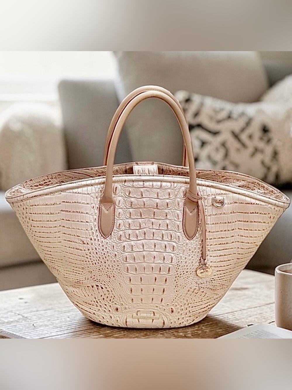 Brahmin Melbourne Mira Croc Embossed Leather Champagne Augustine French Vanilla